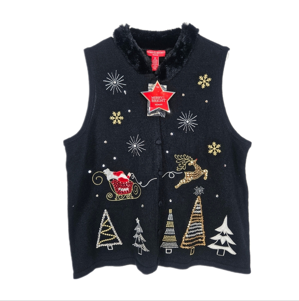 Christmas Vest Holiday Womens Faux Fur Santa Reindeer Beaded Embroidered Black